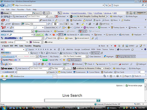 Image of IE with loads of toolbars &amp; no browser space